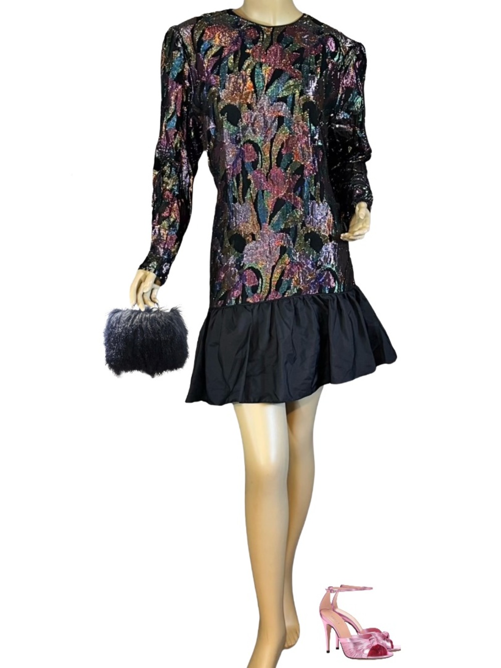 VINTAGE 1980'S JO HANNA YORK BLACK & MULTI-COLOR METALLIC THREADS DRESS (14)
